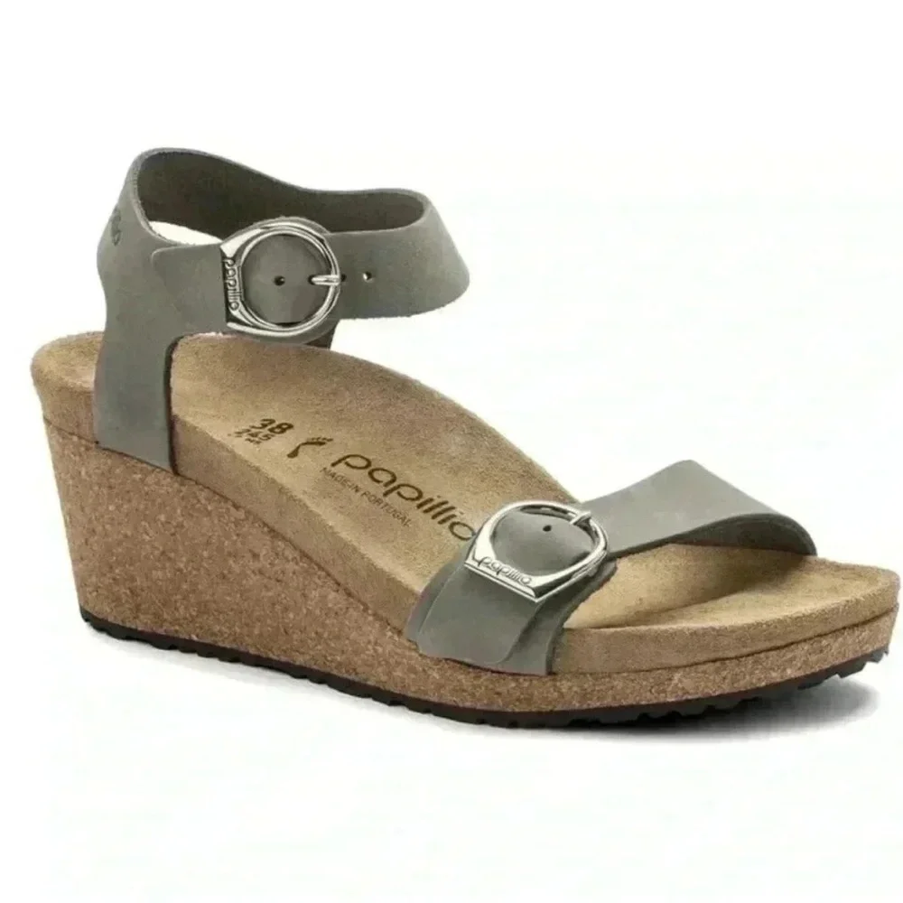 Birkenstock Papillio Soley Nubuck Dove Gray Leather Wedge Sandals Women EU39 L8